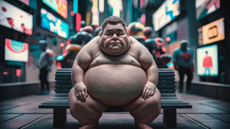 A fat man sitting on a bench in front of many people, AIの素材