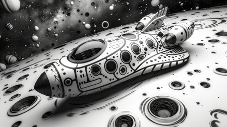 A black and white drawing of a spaceship on the surface, AIの素材