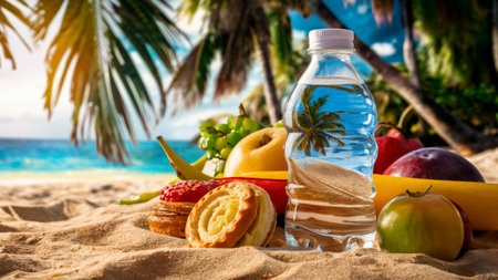 A bottle of water on the beach with fruit and other food, AIの素材