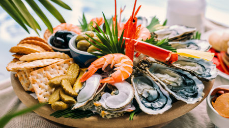 A plate of seafood and crackers on a table with water, AIの素材