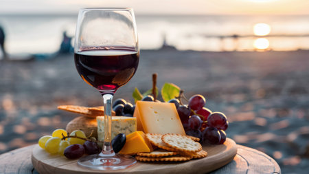 A glass of a wine and cheese plate on the beach, AIの素材