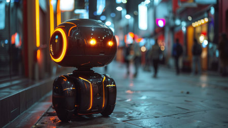 A small robot with glowing eyes sitting on a sidewalk, AIの素材