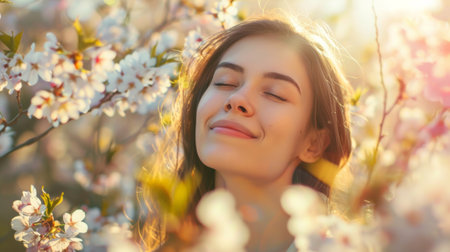 A woman with eyes closed in a field of flowers, AIの素材