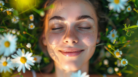 A woman with eyes closed surrounded by daisies and flowers, AIの素材