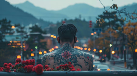 A man with a large tattoo on his back looking at the city, AIの素材