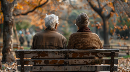 Two elderly people sitting on a bench in the park, AIの素材