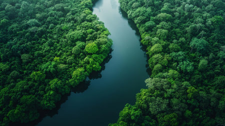 A river is seen from above in a lush green forest, AIの素材