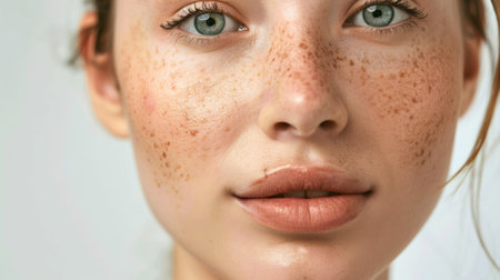 A woman with freckles and a green shirt is looking at the camera, AIの素材