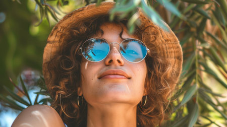 A woman wearing sunglasses and a hat with her eyes closed, AIの素材