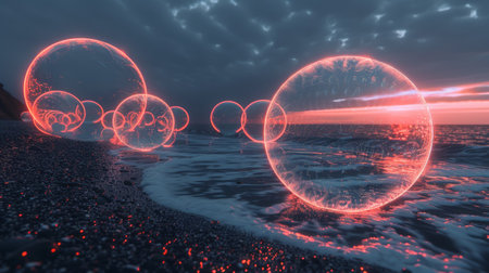 A bunch of glowing orbs on the beach at night, AIの素材
