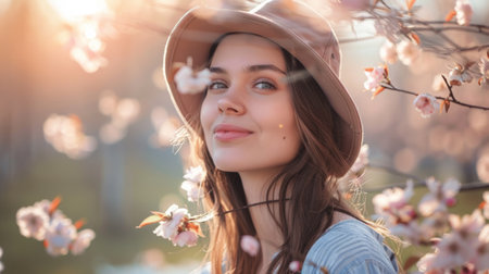 A woman in a hat standing under some flowers, AIの素材