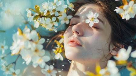 A woman laying in a pool of water with flowers on her face, AIの素材