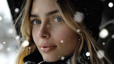 A close up of a woman with snow falling around her, AIの素材