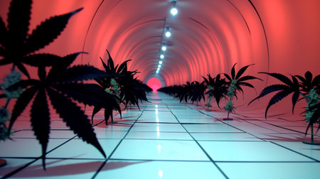 A long tunnel with plants growing in it and red lights, AIの素材
