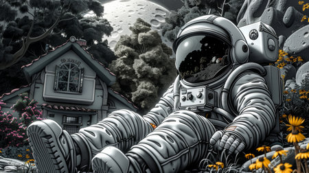 A painting of an astronaut sitting on the ground next to a house, AIの素材