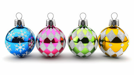 A row of three christmas ornaments with different colors, AIの素材