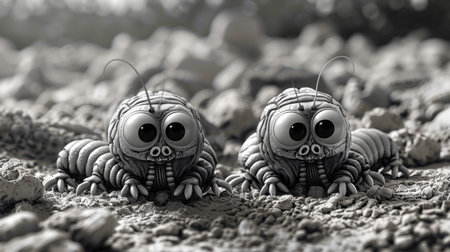 Two cartoon caterpillars with big eyes are sitting on the ground, AIの素材