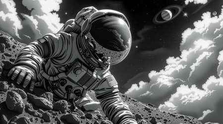 A black and white drawing of an astronaut on the moon, AIの素材