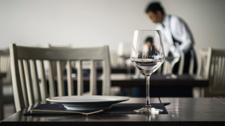 A waiter is preparing to serve a table with empty plates and glasses, AIの素材