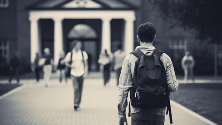 A man with a backpack walking down the sidewalk in front of buildings, AIの素材