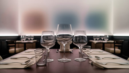 A table with empty wine glasses and silverware on it, AIの素材