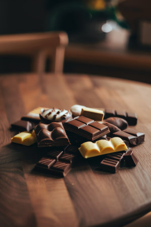 A wooden table with a pile of chocolate on it, AIの素材