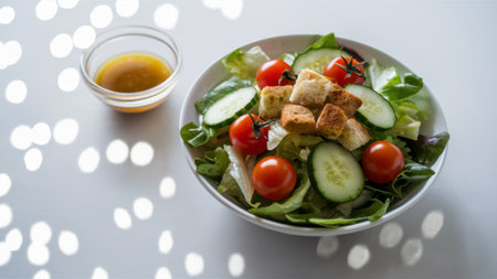 A bowl of a salad with tomatoes, cucumbers and bread, AIの素材