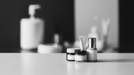 A black and white photo of a table with various products on it, AIの素材