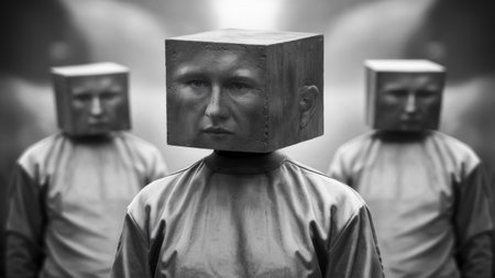 A man with a box on his head and another one behind him, AIの素材