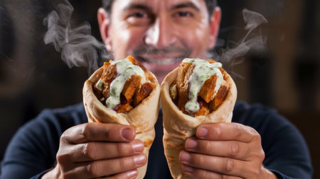 A man holding two pita breads with food in them, AIの素材