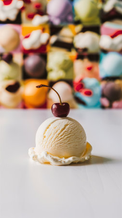 A small ice cream cone with a cherry on top sitting in front of colorful blocks, AIの素材