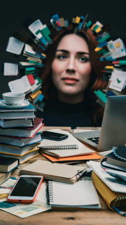 A laptop, books and a woman surrounded by many circles, AIの素材
