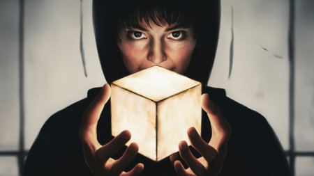 A person holding a cube in their hands with the light shining through it, AIの素材