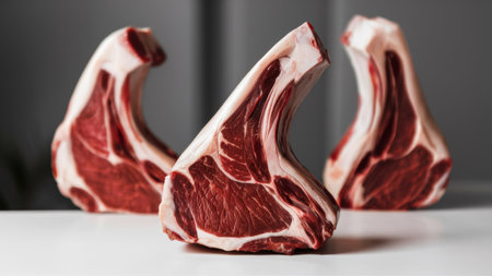 Three pieces of meat are sitting on a table in front, AIの素材