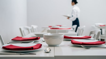 A waiter is setting up a table for customers at an upscale restaurant, AIの素材