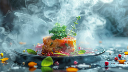 A close up of a plate with food on it and smoke coming out, AIの素材