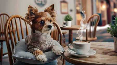 A dog sitting on a chair with his sweater pulled up, AIの素材