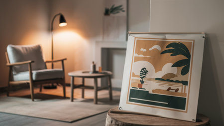 A poster of a living room with furniture and art on the wall, AIの素材