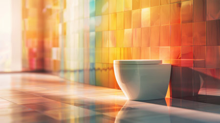 A toilet sitting on a tiled floor in front of colorful walls, AIの素材