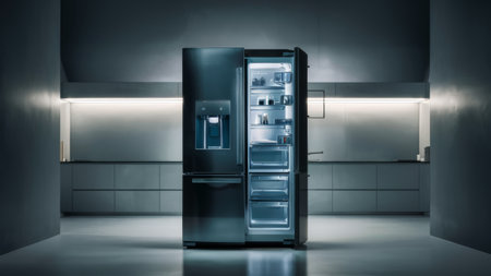 A large black refrigerator with its door open in a dark room, AIの素材