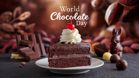 A slice of chocolate cake with cherries and whipped cream on a plate, AIの素材