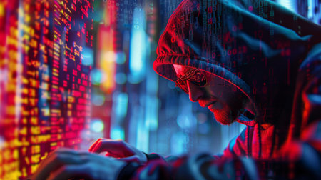 A man in hoodie typing on a keyboard with glowing lights, AIの素材