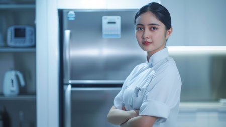 A woman in a white shirt standing next to the refrigerator, AIの素材