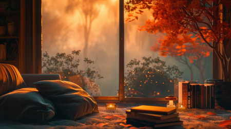 A window with a view of trees and the sun setting, AIの素材