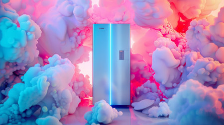 A refrigerator is surrounded by clouds and colorful objects, AIの素材