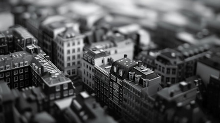 A black and white photo of a city with many buildings, AIの素材