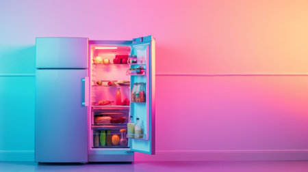 A refrigerator with its door open and food inside of it, AIの素材