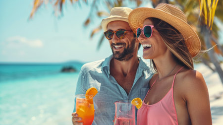 A man and woman standing on the beach holding drinks, AIの素材