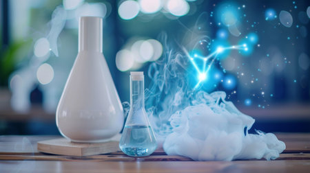 A vase and flask on a table with smoke coming out of it, AIの素材