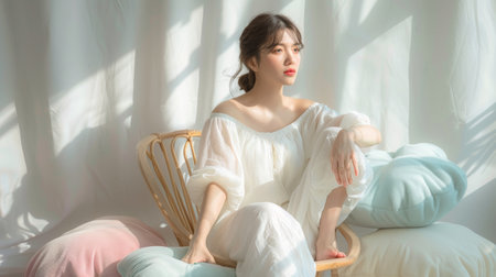 A woman sitting on a chair with pillows around her, AIの素材